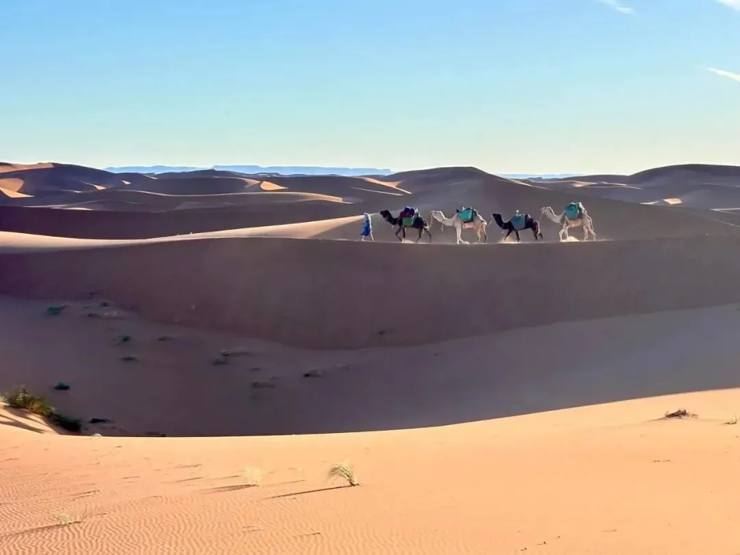 A group of people, one wearing a traditional blue turban, riding camels across vast desert dunes at sunset. The sky is a gradient of yellow and orange.