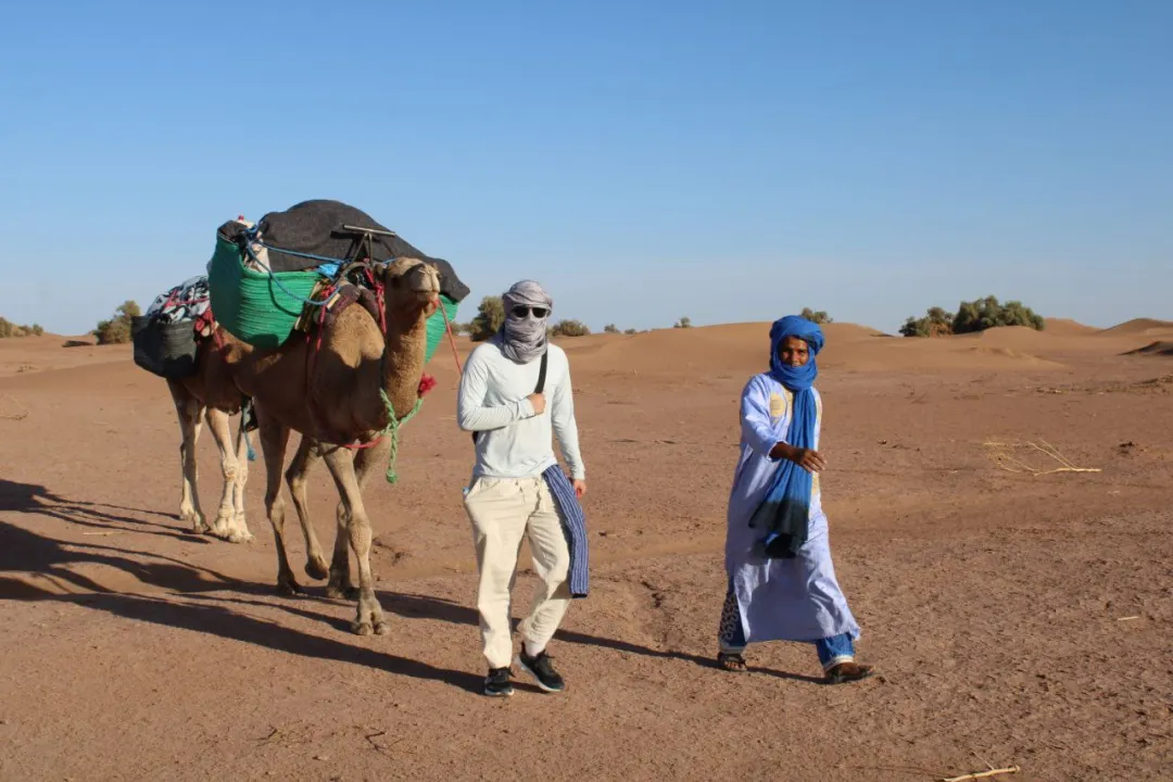 A wide shot of vast desert dunes under a dramatic sky, conveying the immensity and beauty of Erg Ezahar.