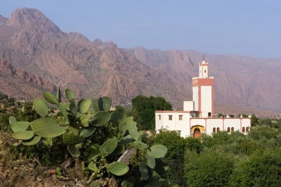White mosque with minaret amid greenery and cactus, backed by rugged mountains
