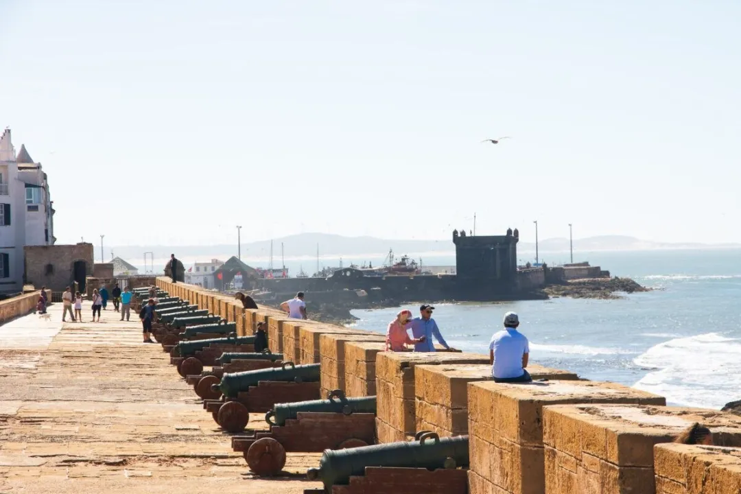 Cannons line a coastal stone rampart overlooking the ocean and a harbor