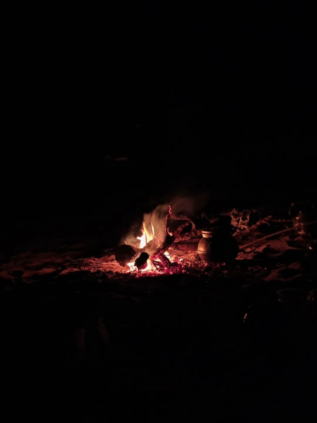 Campfire burning at night with cookware on the sand